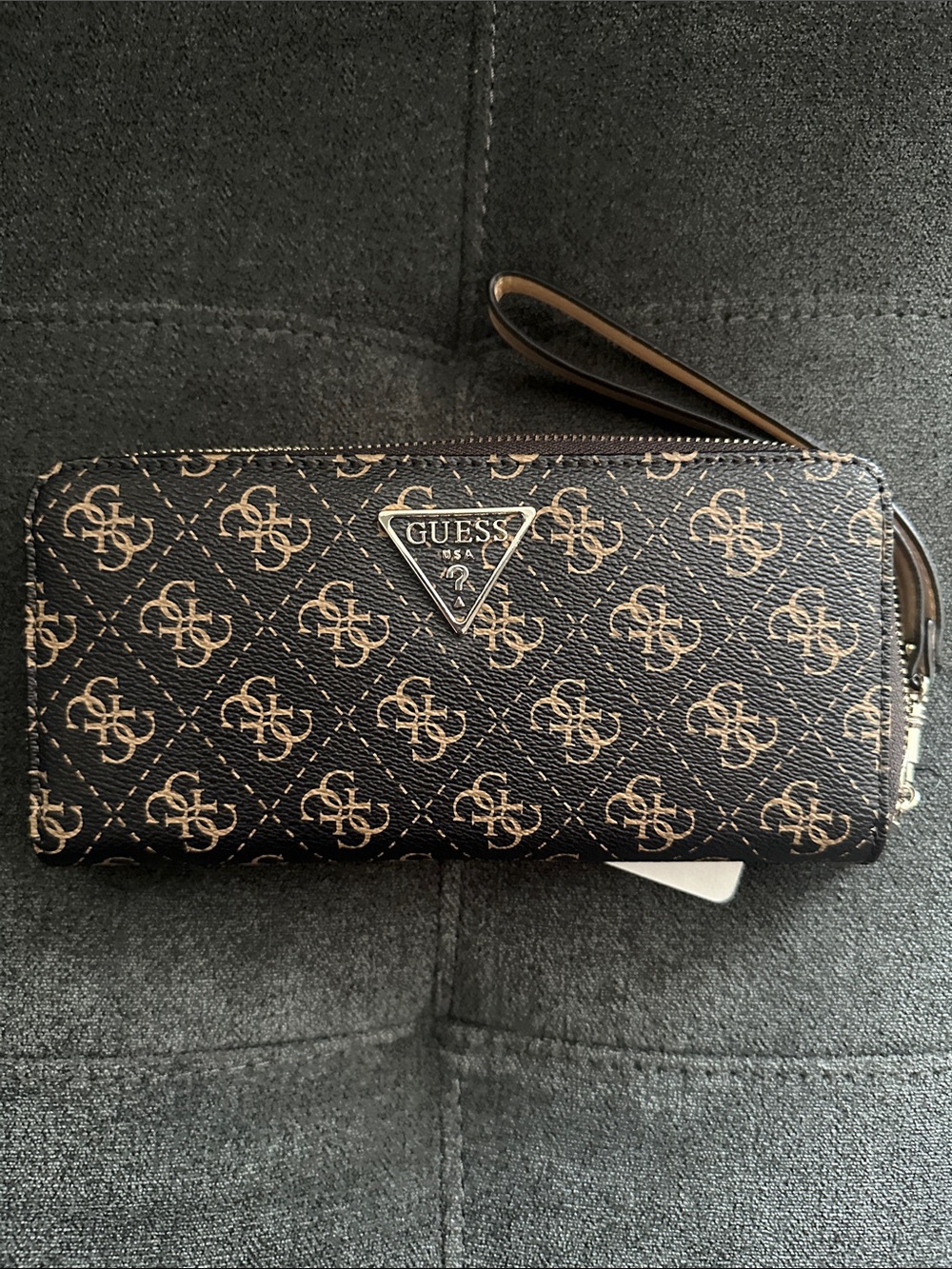 GUESS Black and Tan Monogram Zip Wristlet Wallet